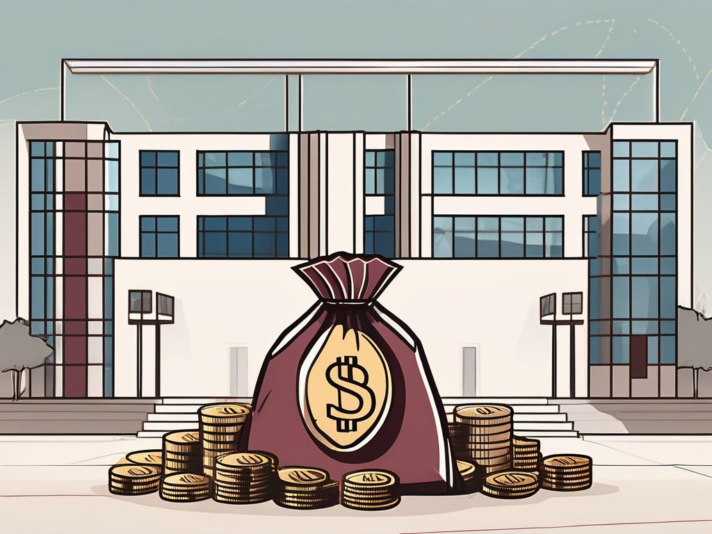 A traditional japanese school building with a global map and yen currency symbols floating around it