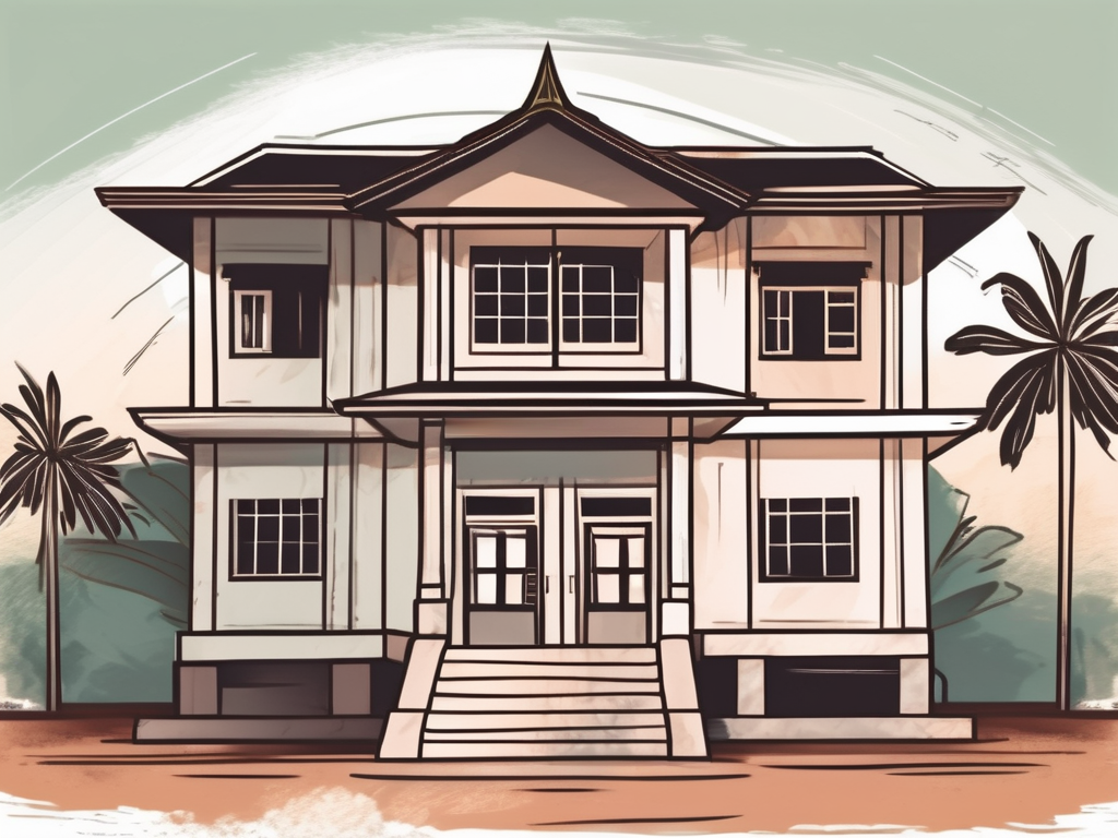 A traditional cambodian schoolhouse with a magnifying glass hovering over it