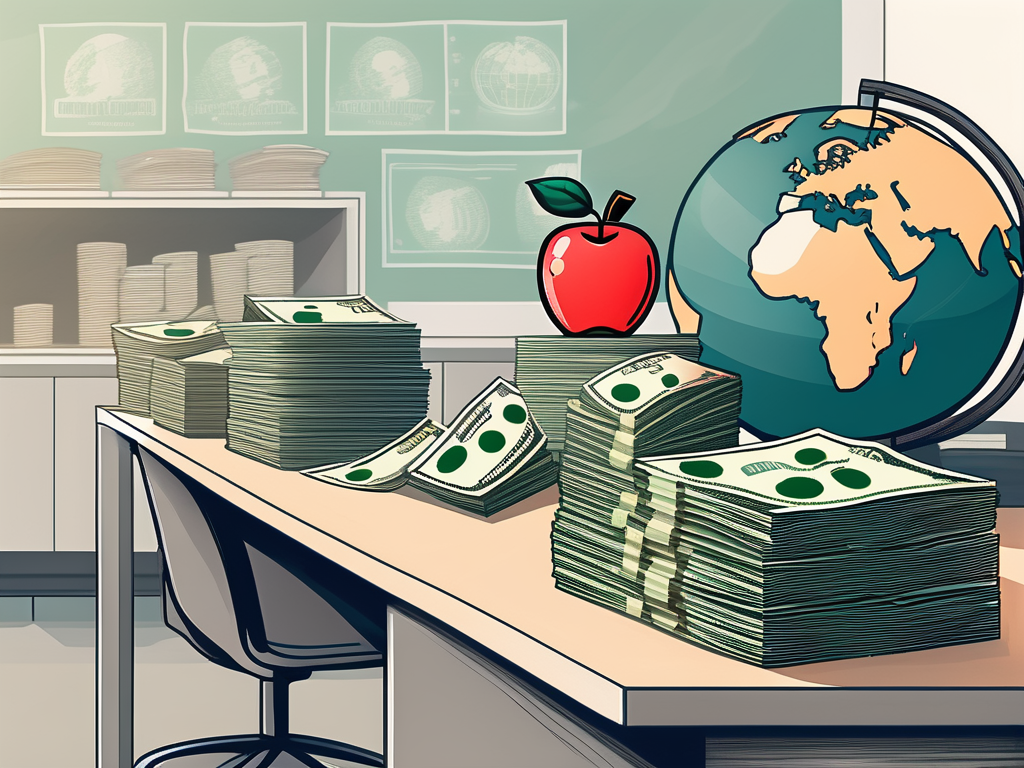 An international school building in macao with a symbolic representation of currency floating above it