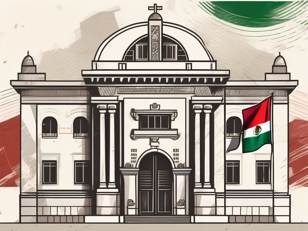 A traditional mexican school building with an international flag montage in the background