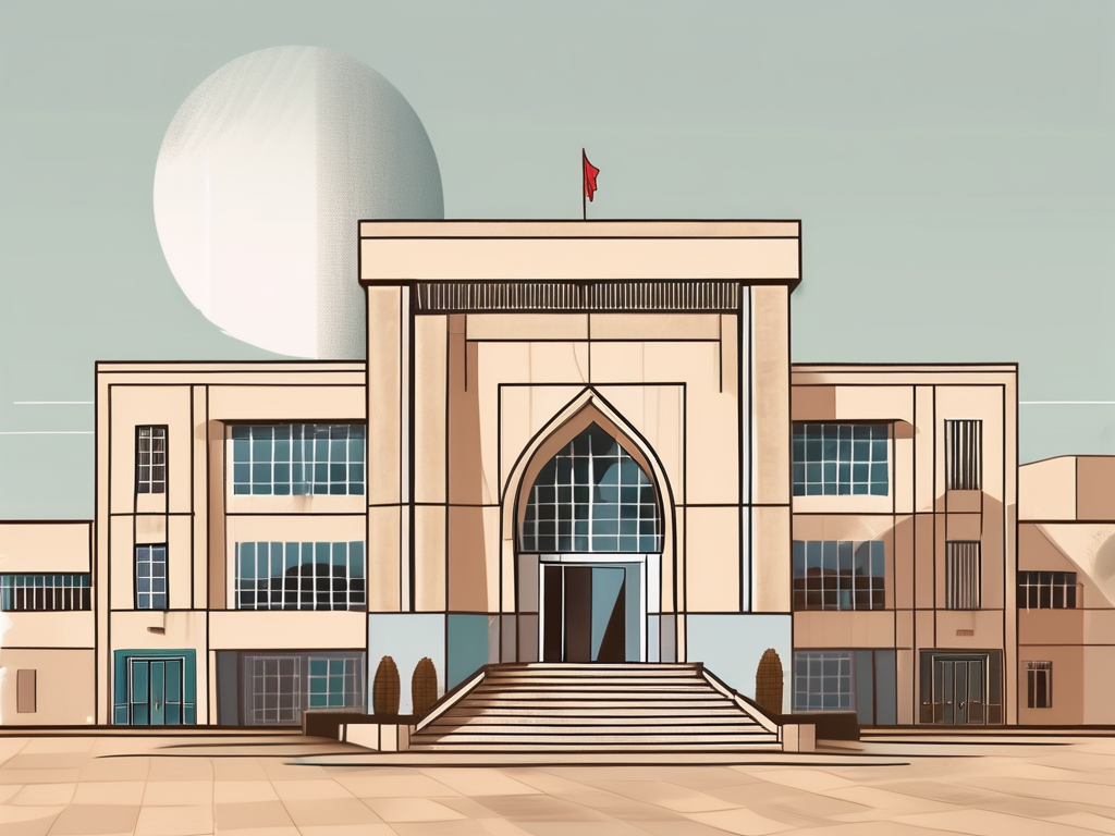 An international school building in morocco with a scale balance on the foreground