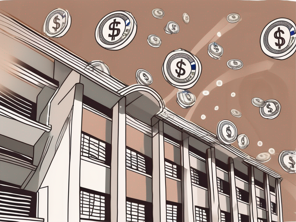 An international school building in shenzhen with a symbolic representation of currency (like a bag of coins) next to it