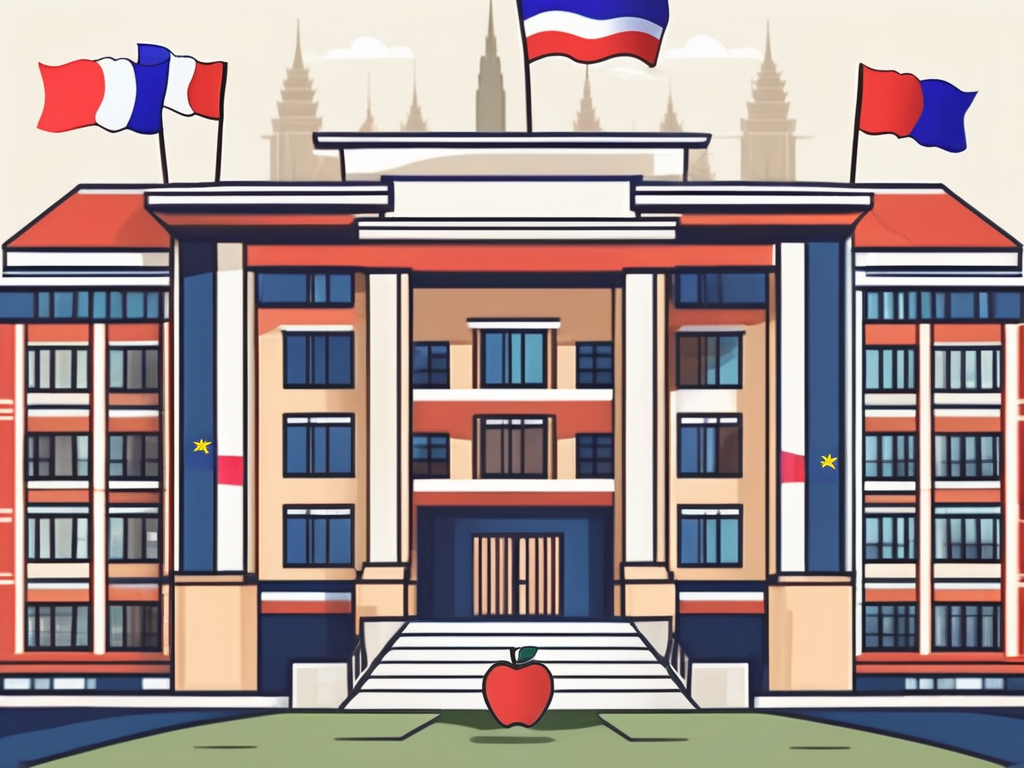 An international school building with a thai flag flying