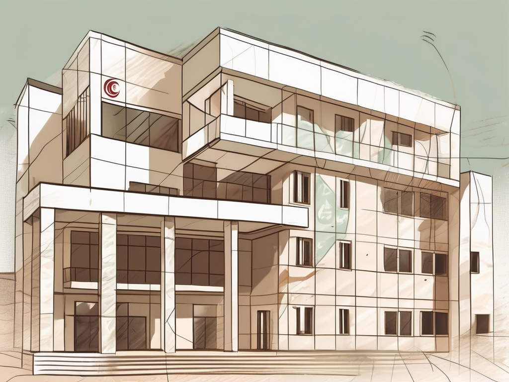 A typical international school building in tunisia with a symbolic representation of currency notes floating above it