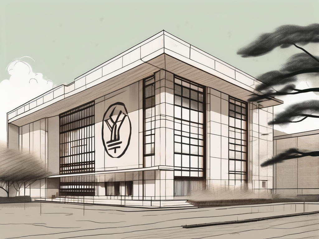 A typical international school building in tokyo with a symbolic yen currency sign hovering above it