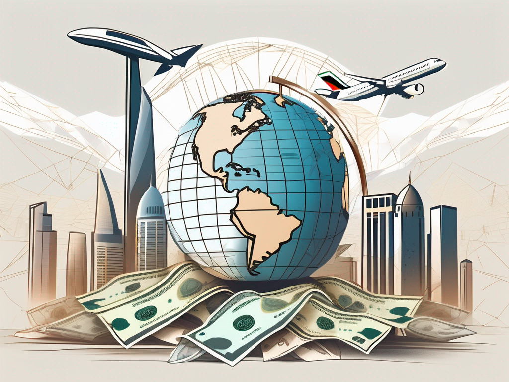 A uae landscape with an international school building in the foreground and symbolic elements like a globe and currency notes scattered around