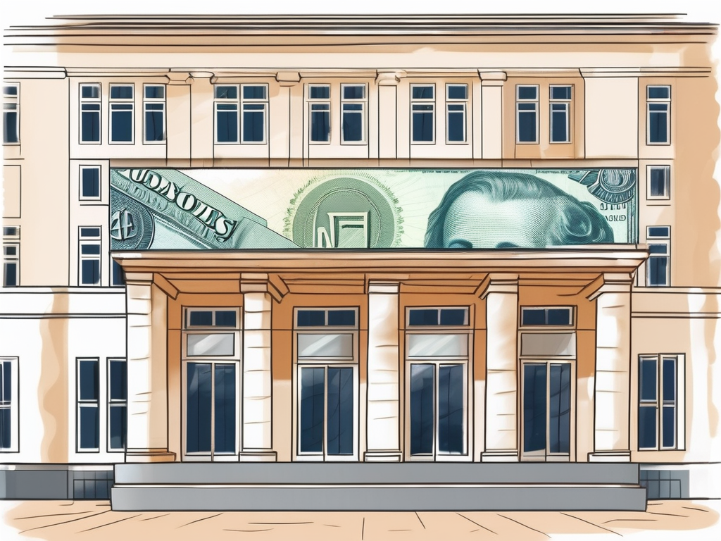 An international school building in vienna with a symbolic representation of currency (like a coin or banknote) hovering above it