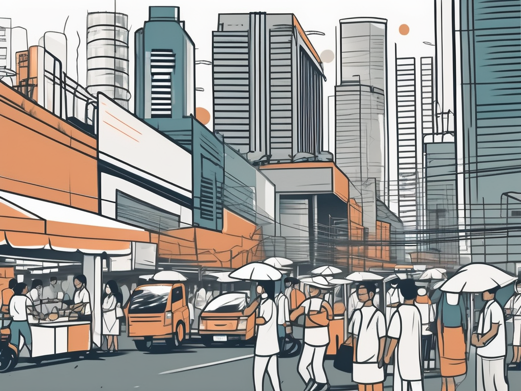 A bustling bangkok cityscape with various industries symbolized