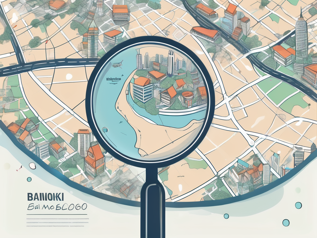 A global map with a magnifying glass over bangkok