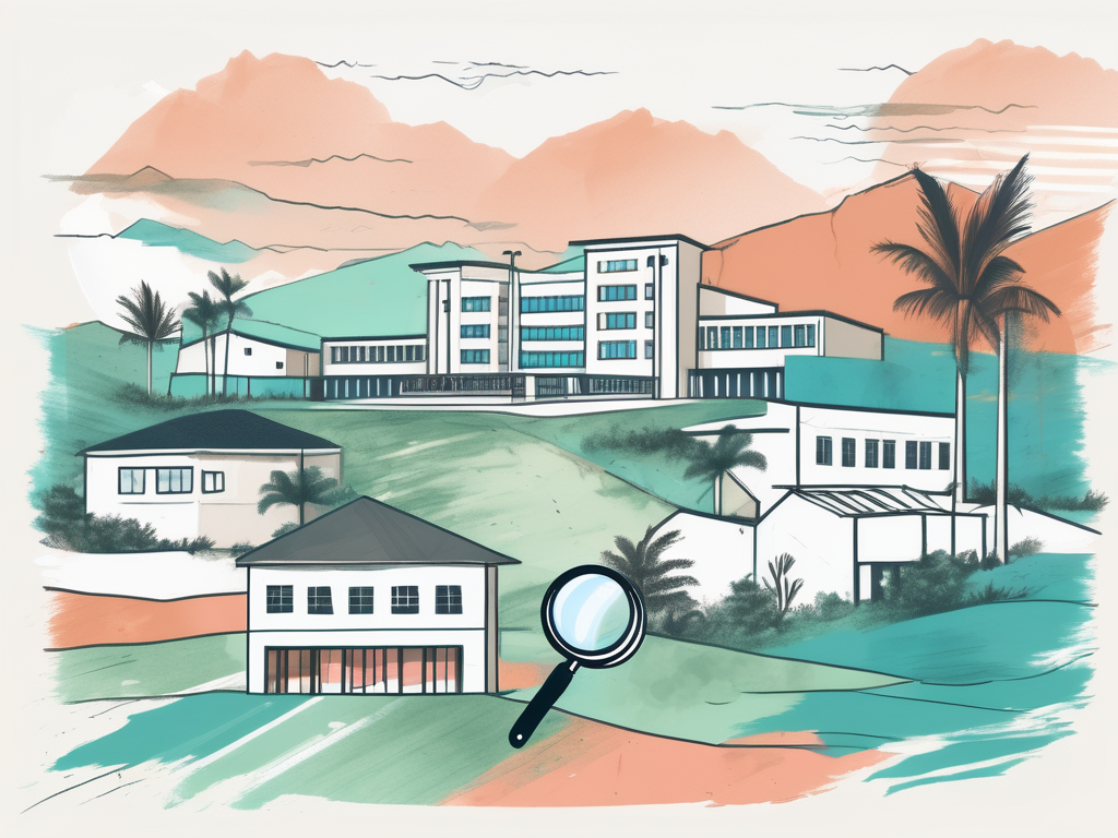 A bermuda landscape with various international school buildings scattered around and a magnifying glass hovering over them