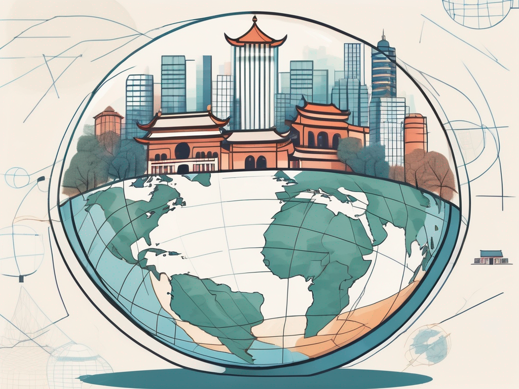 A globe with a magnifying glass focusing on hangzhou