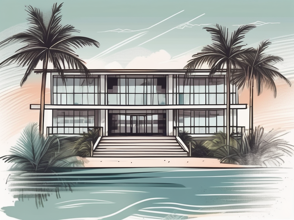 An international school building nestled among tropical palms and beach scenery typical of the cayman islands