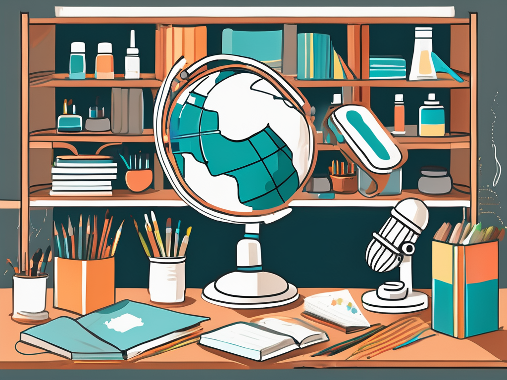 Eight different educational tools such as a globe