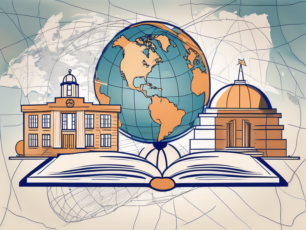 A school building with a global map in the background