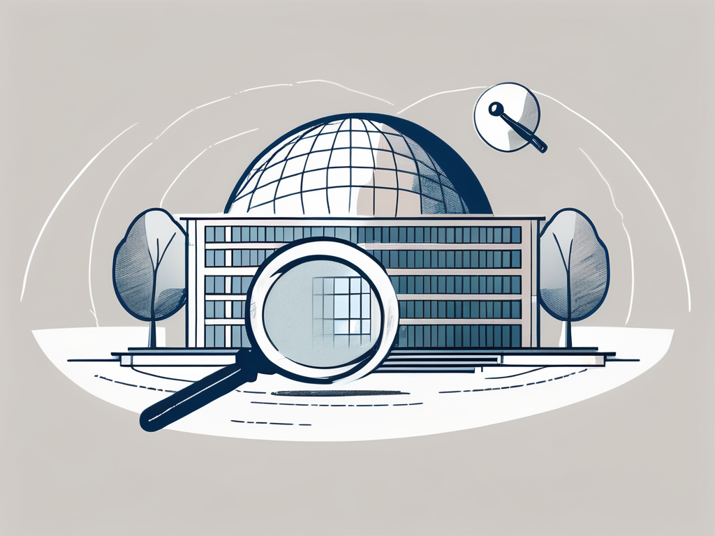 A danish international school building with a globe and a magnifying glass hovering above it