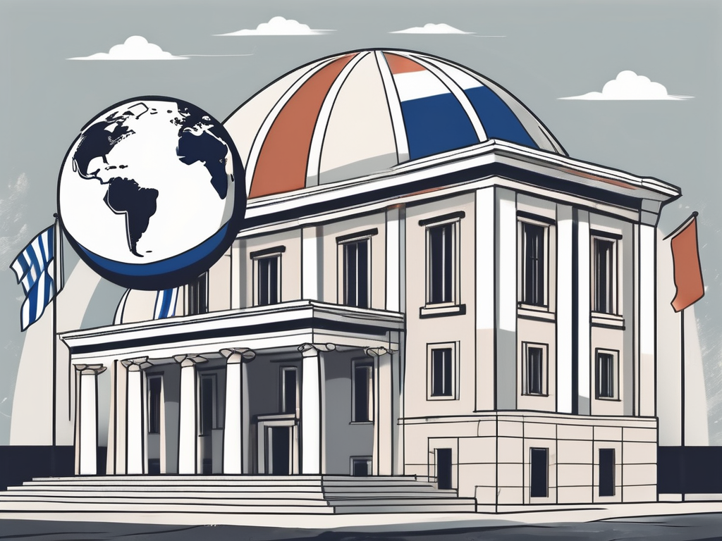 A traditional greek school building with a globe and a few international flags nearby