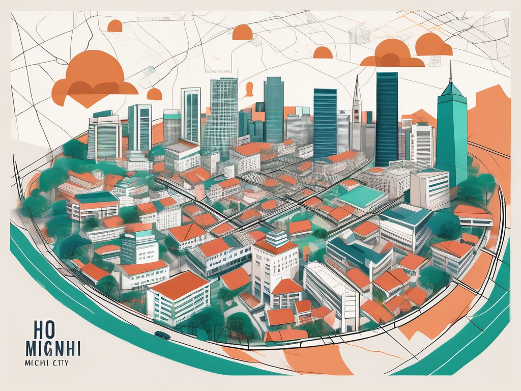A diverse array of international school buildings scattered across a stylized map of ho chi minh city