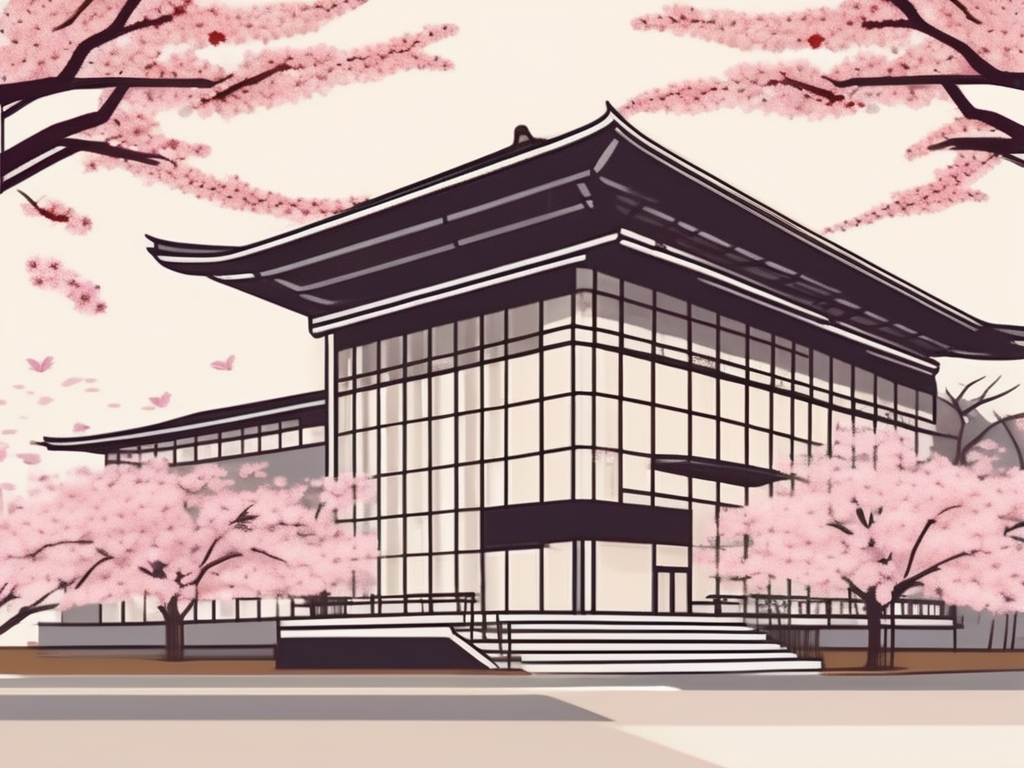 A japanese school building with various international flags fluttering in the breeze