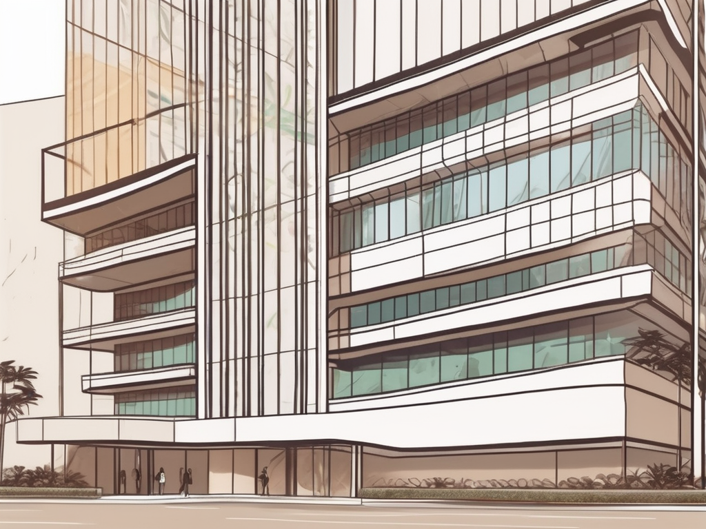 A modern international school building in macao with a job advertisement board in the foreground