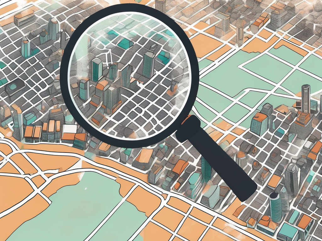 A magnifying glass hovering over a map of mexico city with several international school buildings highlighted