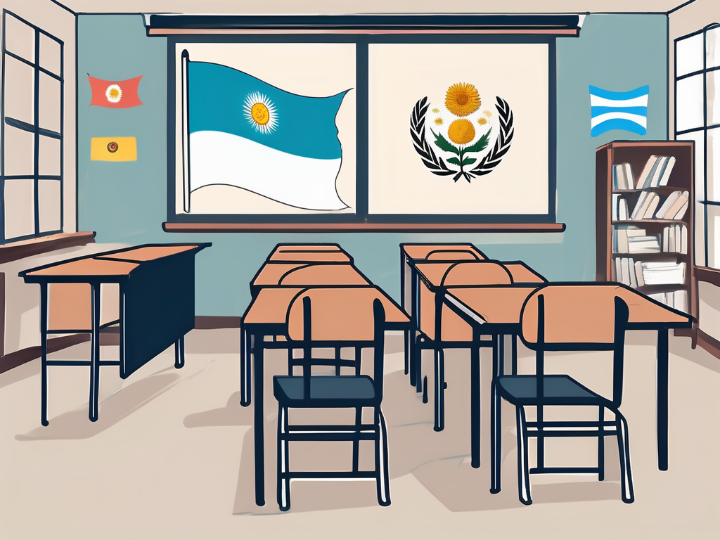 A classroom setting with international flags