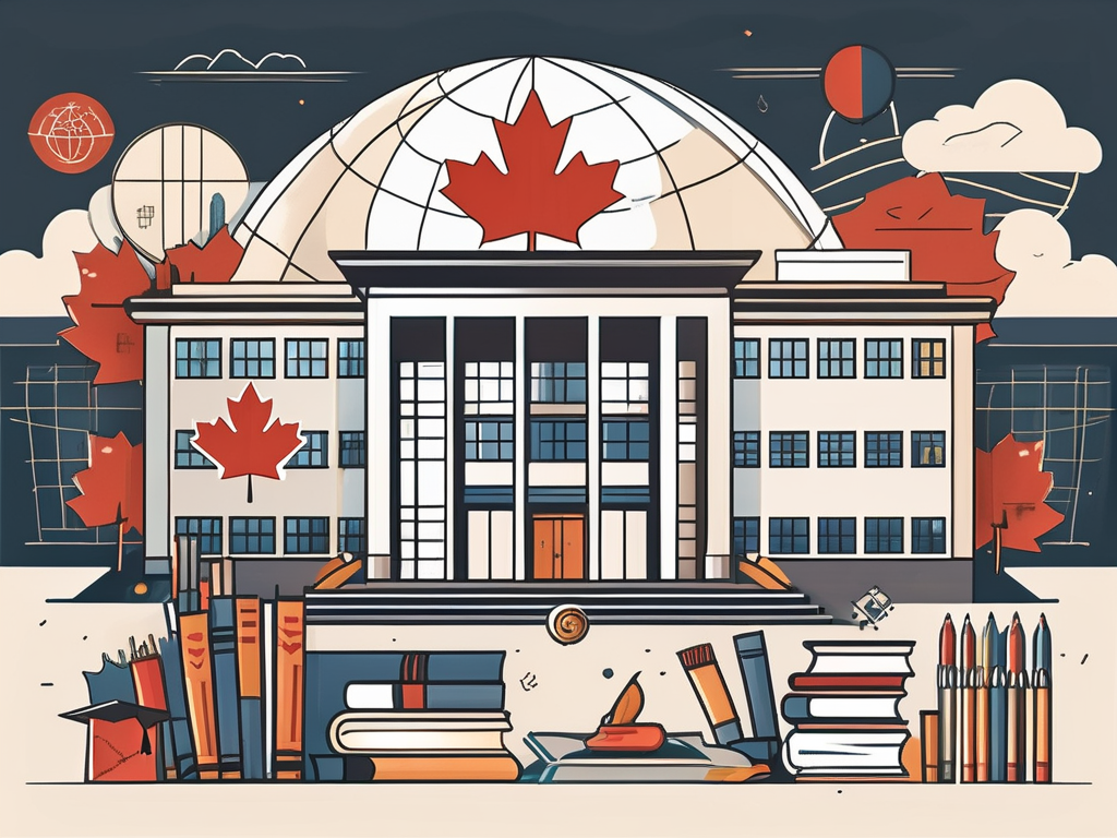 A canadian international school building surrounded by symbols of various cultures