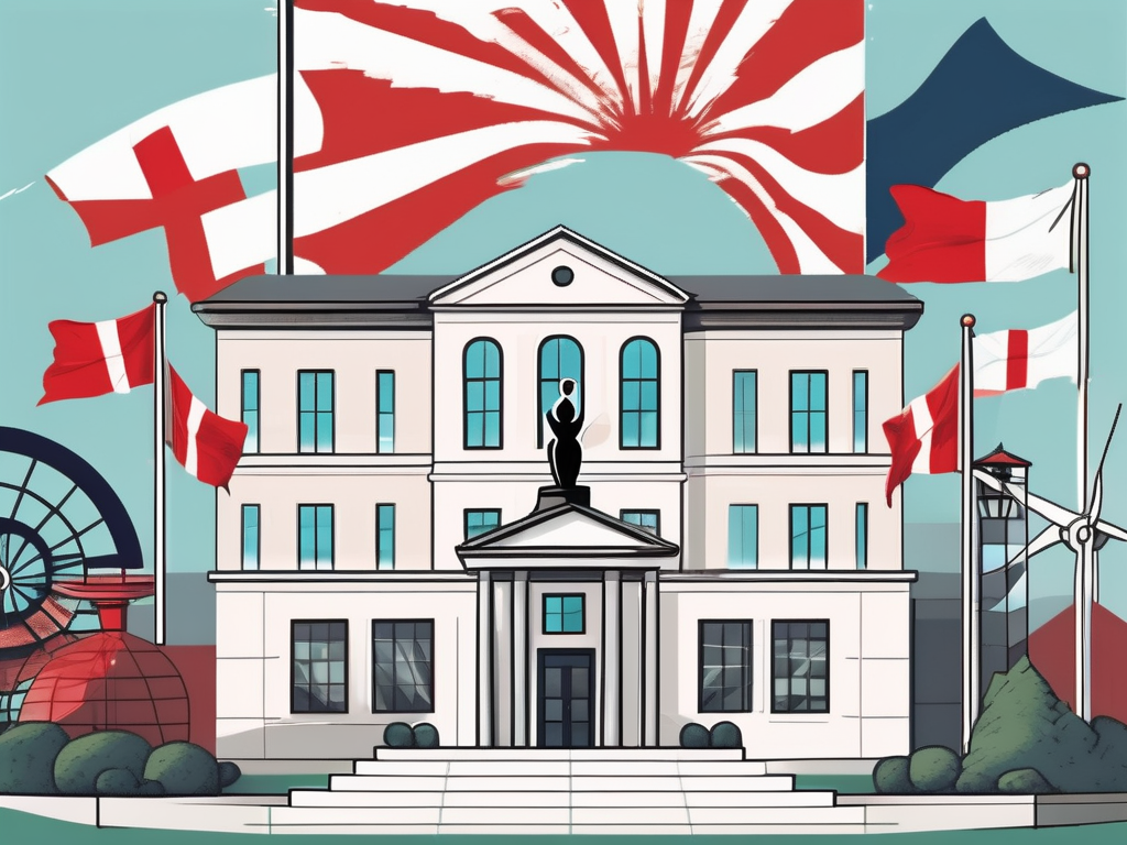 A typical danish international school building surrounded by denmark's iconic symbols like the little mermaid statue