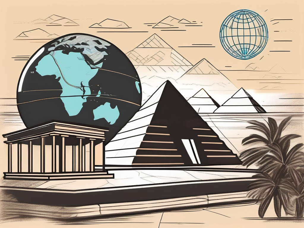 An international school building in egypt with the nile river and pyramids in the background