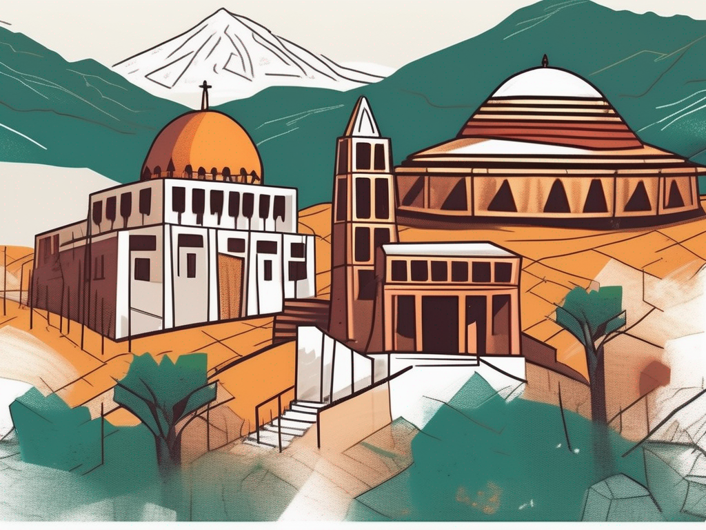 A vibrant international school building surrounded by iconic ethiopian landmarks and symbols