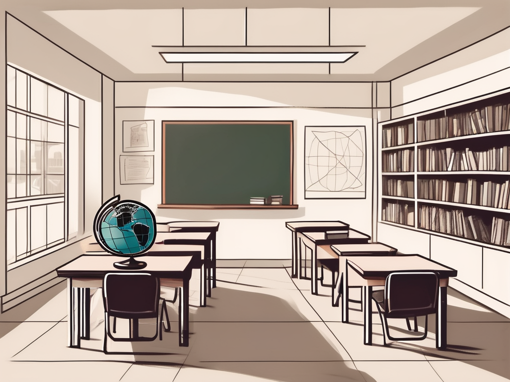 An international school building in madrid with a globe and teaching materials like books