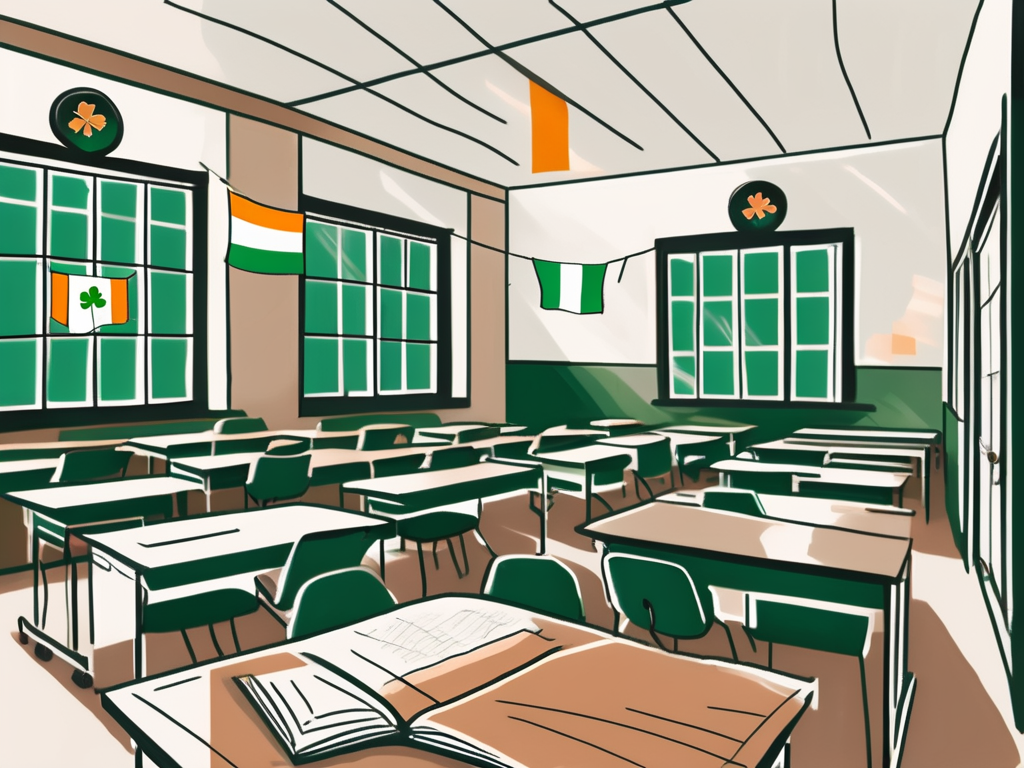 A traditional irish school building with various international flags fluttering in the breeze