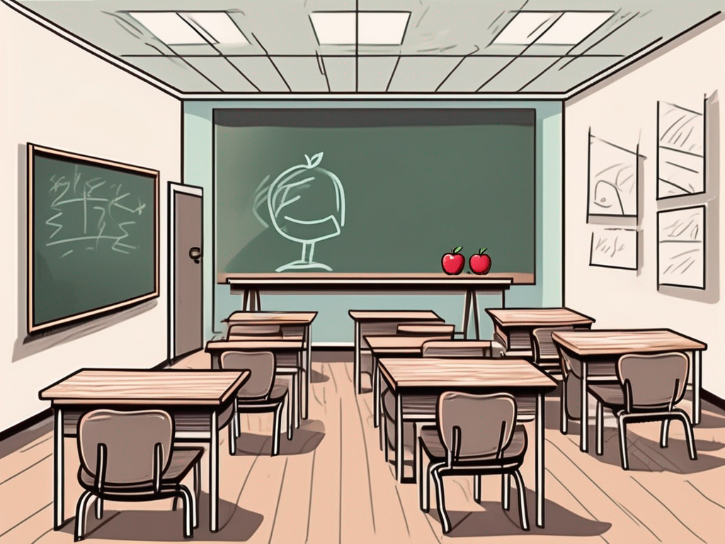 A classroom with empty desks and chairs