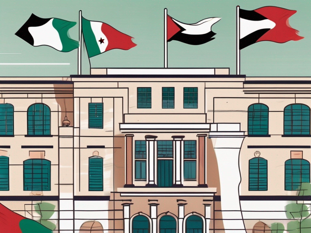 A classic jordanian school building with international flags fluttering around it