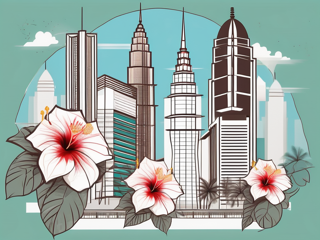 An international school building in kuala lumpur surrounded by iconic malaysian landmarks and symbols