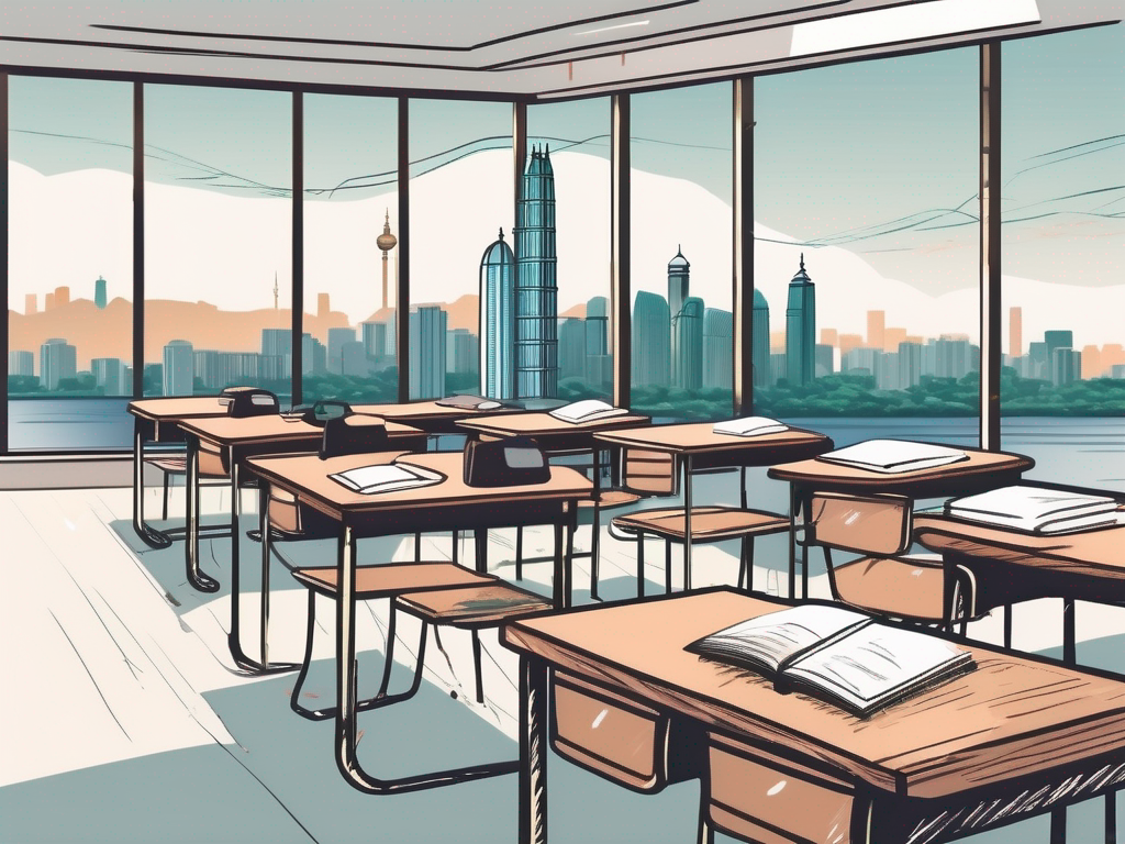 A well-equipped classroom with various educational tools and a view of macao's iconic skyline in the background