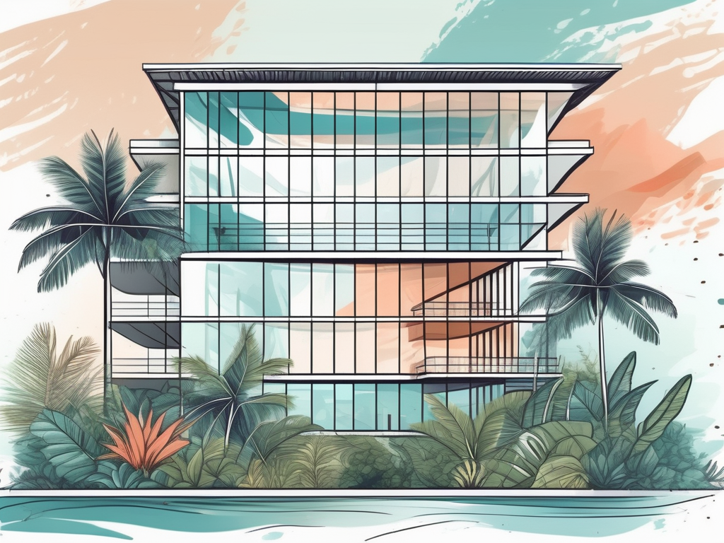 A modern international school building surrounded by tropical maldivian flora and fauna