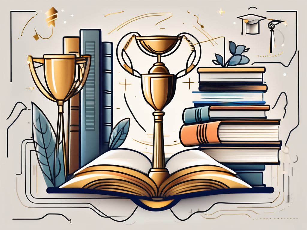 A winding pathway with various educational symbols like books