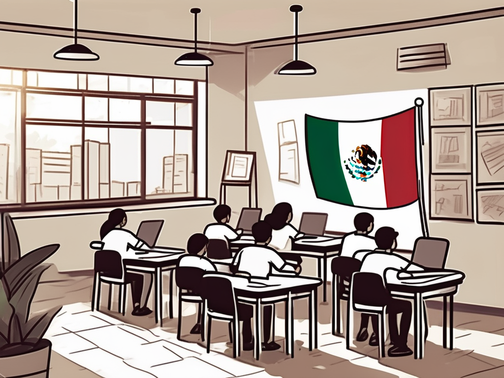 A bustling international school in mexico city with elements like a classroom