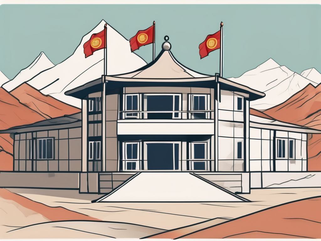 A traditional mongolian school building with international flags fluttering in the wind