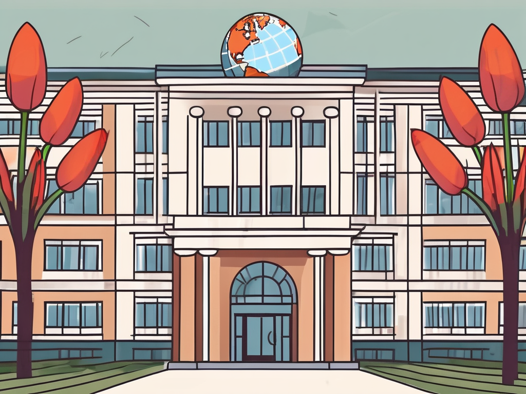 A typical dutch international school building with a globe