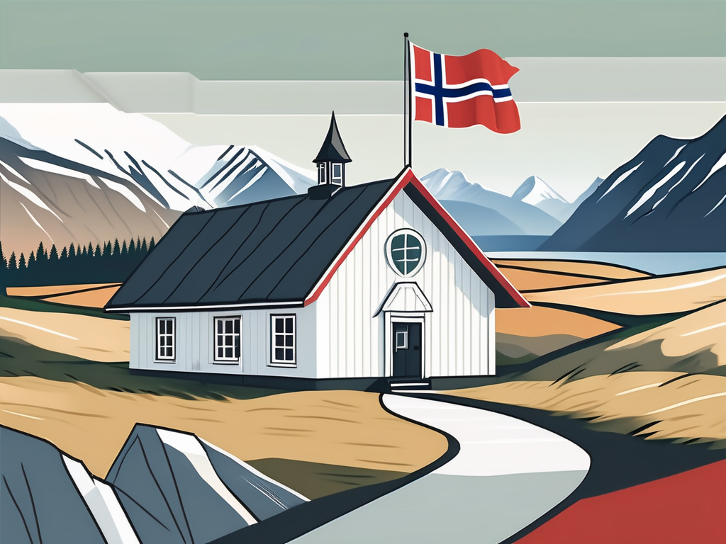 A traditional norwegian schoolhouse with an international flag banner fluttering in the wind