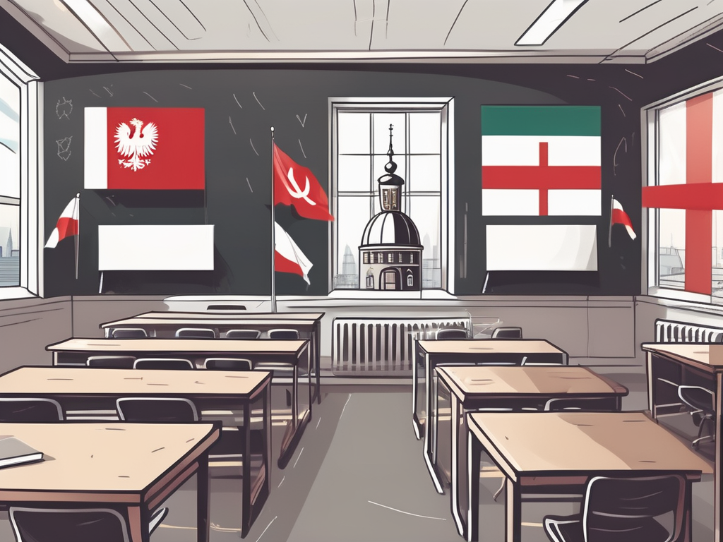 A classroom setting with international flags hanging from the ceiling
