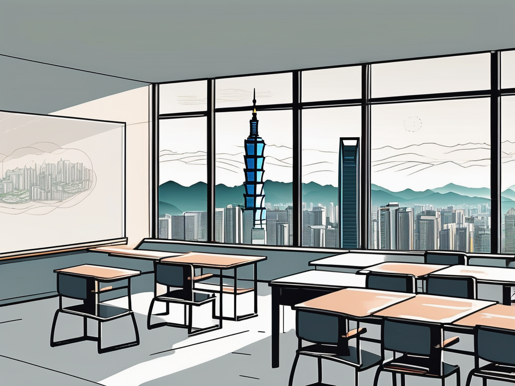 A modern classroom setting with a view of taipei's skyline
