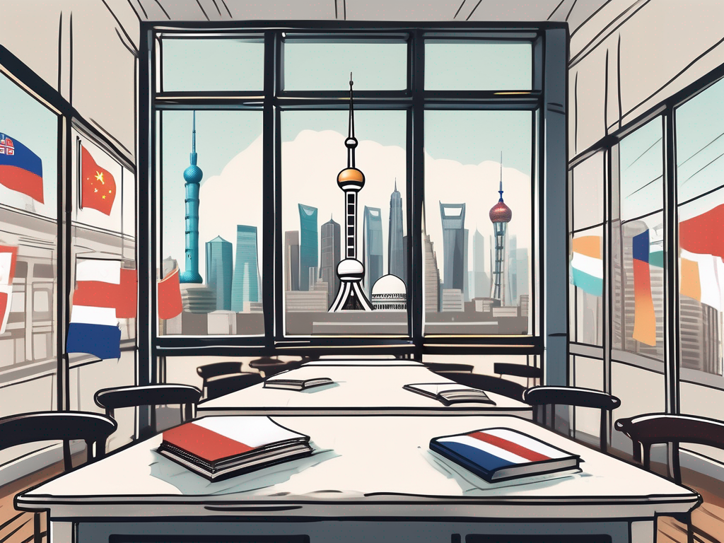 A classroom setting with international flags