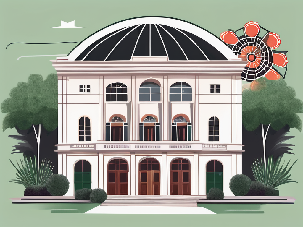 A typical spanish international school building surrounded by lush greenery and iconic spanish elements like flamenco fans and guitar