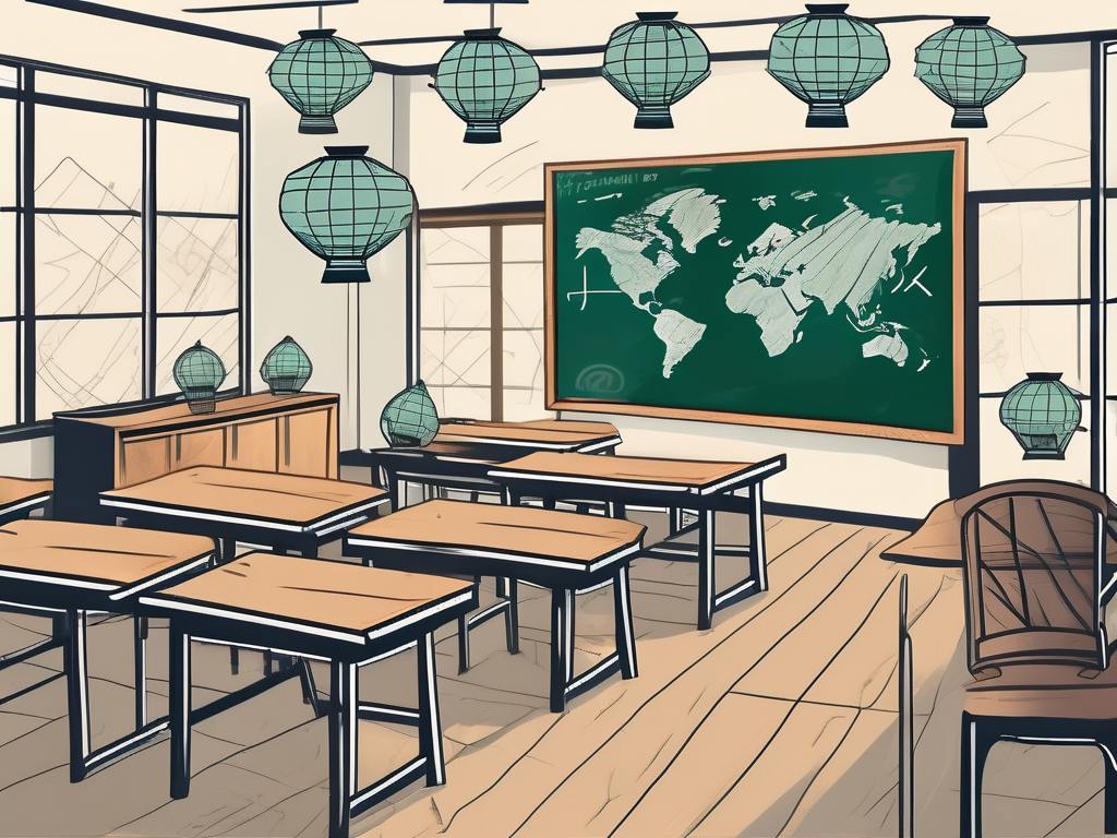 A classroom setting with iconic vietnamese elements like conical hats and lanterns