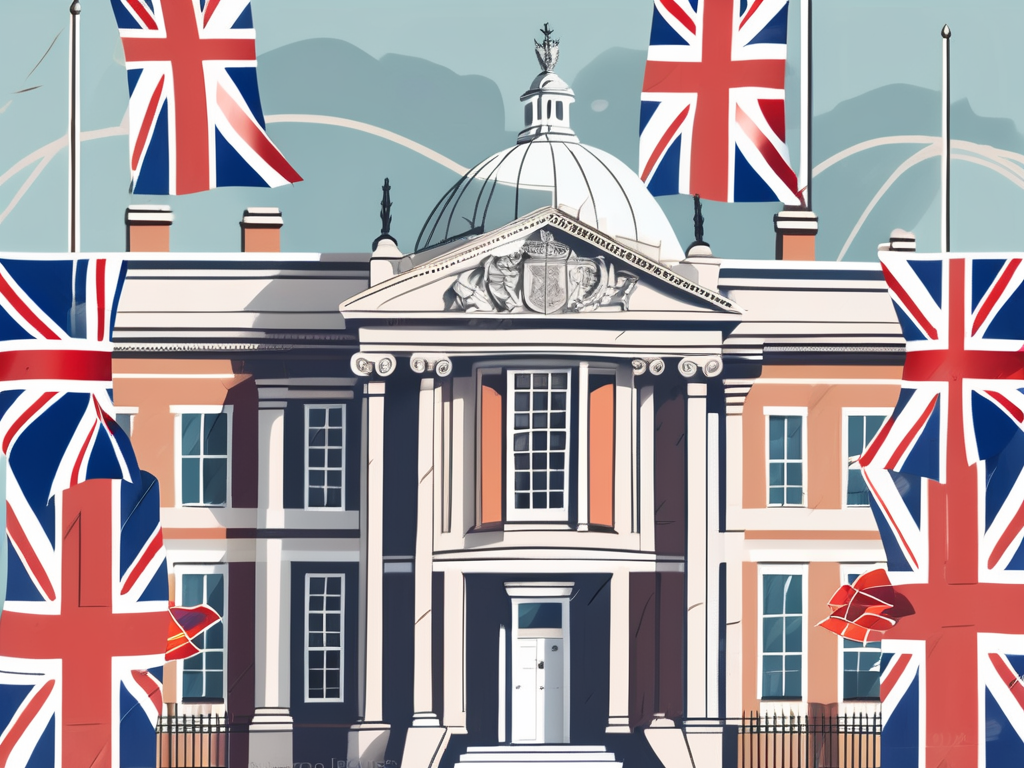 A classic british school building with international flags fluttering in the wind