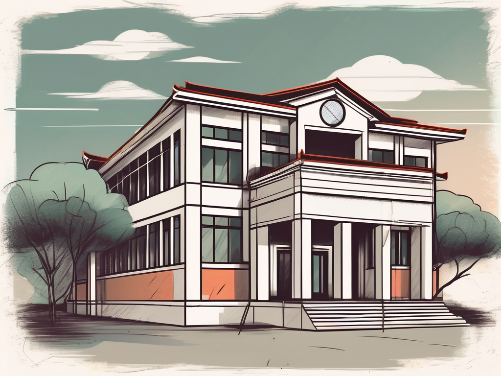 A traditional chinese school building with a magnifying glass hovering over it