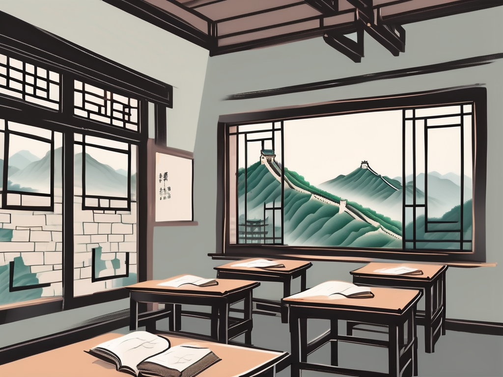 A classroom setting with traditional chinese architectural elements in the background