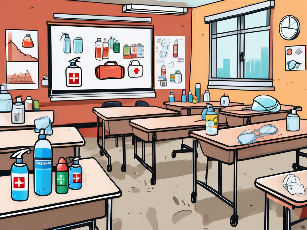 A classroom setting in singapore with scattered elements like a first aid kit